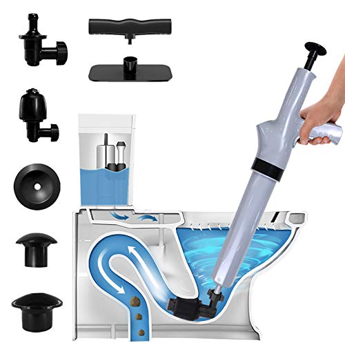 9 in 1 Air Pressure Plunger Kits,Air Drain Blaster Augers Gun Plunger with 5 Heads,Detachable Assembly Sewer Pump High Pressure Plunger for Toilet Dredge Clog Remover Bathtub Shower Toilet Kitchen