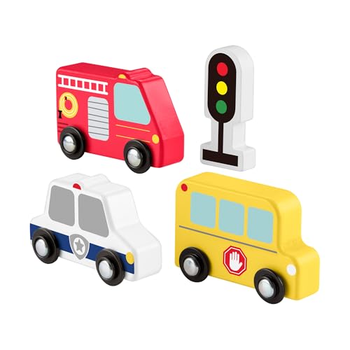 Fisher-Price Mein Holzauto-Set für Kleinkinder, 4-teiliges Holzset mit Feuerwehrauto, Schulbus und Polizeiauto für Kinder ab 2 Jahren, JCY32