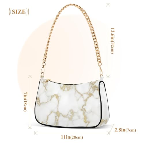 White Marble Texture Gold Veins Designer Handbags Womens One Shoulder Purses Zipper Party Dressy Purse Hobo with Chain Strap3