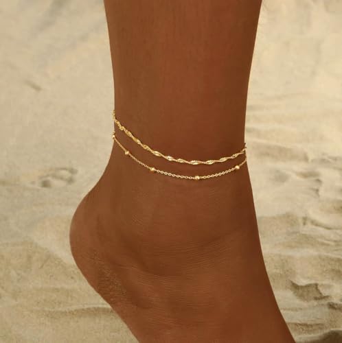 2/3 PCS Gold Anklets for Women Waterproof Cuban Link Anklet Beaded Bracelets Stackable Bracelets 14K Gold Plated Custom Jewelry Gifts Non Tarnish Lightweight3