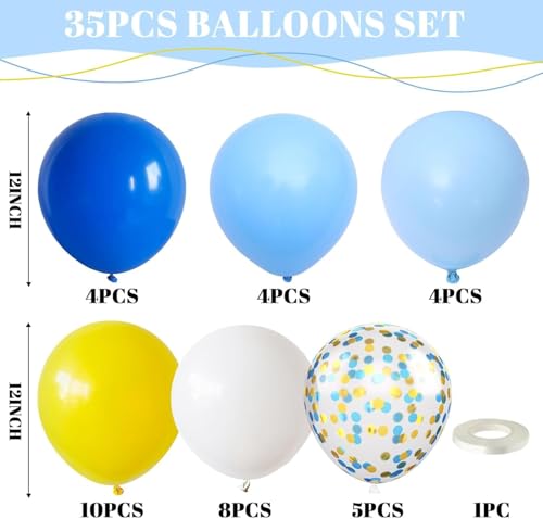 Image of Blue Yellow Balloons, 12Inch Dark Light Blue Yellow and White Latex Balloon with Confetti Helium Balloon for Boy Birthday Nautical Baby Shower Graduation Sports Ocean Sky Cartoon Theme Party Decor