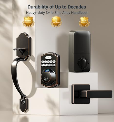 Image of Veise KS02D Fingerprint Front Door Lock with Handle Set, Bronze | Keyless Entry Electronic Keypad Deadbolt, Auto Lock, Anti-Peep Password, One-time Code, IP54 Waterproof, Low Battery Alarm