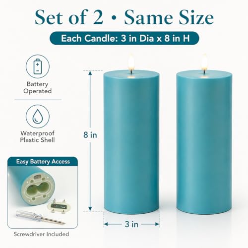 Image of Blue Flameless Pillar Candles, 8 x 3 Inch, Set of 2 | Blue Plastic Pillar Candles, Waterproof, 6 Hour Timer, Indoor Outdoor Decor