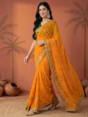 Image of SIRIL Women's Bandhani Printed Embroidery Georgette Saree with Unstitched Blouse Piece