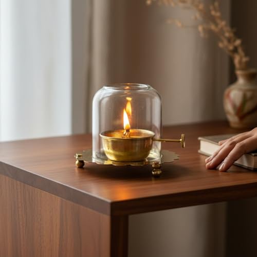 Image of eCraftIndia Akhand Diya with Glass Cover & Adjustable Bati | Decorative Oil Lamp for Home Mandir, Pooja Room & Festivals | Traditional Deepak for Aarti | Gift for Housewarming