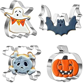Crethink 4 Pieces Halloween Cookie Cutters Set for Baking - Ghost,Bat,Pumpkin and Skull,Round Shape Stainless Steel Holiday Biscuit/Pastry Cutter