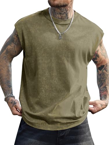 PLEPAN Men's Streetwear Fashion Tank Tops Cut Off Muscle Shirts Workout Gym Tee Olive Large