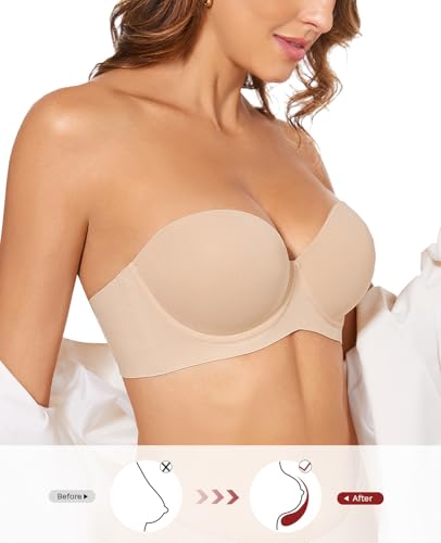 Strapless Push Up Bras for Women Thick Padded Balconette Seamless Convertible Bra for Small Chested Add a Cup2