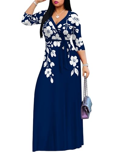 Image of SUZONANA Plus Size Dresses for Women Floral Print Maxi Dress Flowy 3 /4 Sleeve with Belt