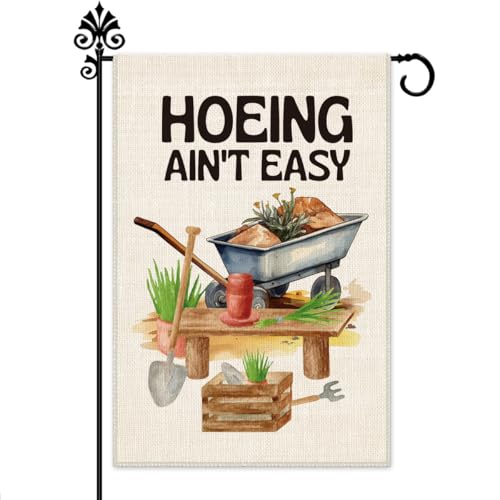 Hafhue Hoeing Ain't Easy Drapeau de jardin de bienvenue amusant pour terrasse, pelouse, maison, extérieur, ferme, 30,5 x 45,7 cm, impression double face imperméable, cadeau pour jardiniers amateurs de