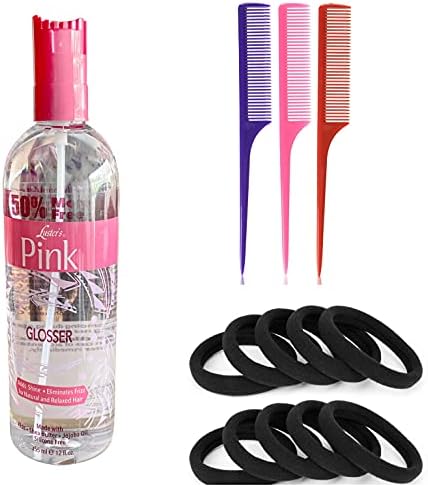 Lusters Pink Luster Pink Glosser Hair Spray with Shea Butter Bonus Size 12 Fl Oz Including 3 Piece Rat Tail Bone Tail Hair Styling Comb Set and 12 Piece Black Hair Ties Ponytail Holders Elastic