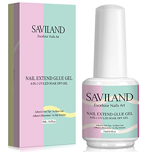 Saviland Nail Glue Gel - 4-In-1 UV Nail Glue Gel for Nails (Curing Needed), 15ML Professional Nail Glue for Acrylic Nails Nail Glue for Fake Nails Nail Glue for Press on Nails