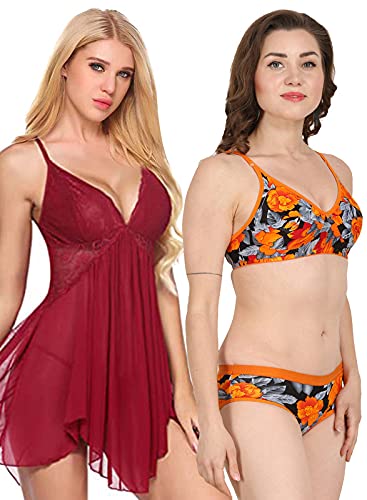 Image of Love Maker Lace Net Stylish Women Nightwear with Cotton Bra Panty Set for Women, Non Padded Bra Panty Set for Women & Night Wear Honeymoon Nighty for Women.