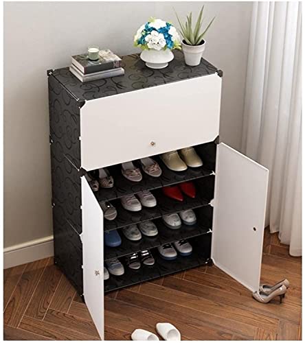 Image of Shoe Rack Multipurpose 5 Shelves Shoe Rack with Zip Door Cover & Side Pockets, Multiuse Wide Shelve,Rack for Footwear, Toys, Clothes (Black White, 6-Layer)