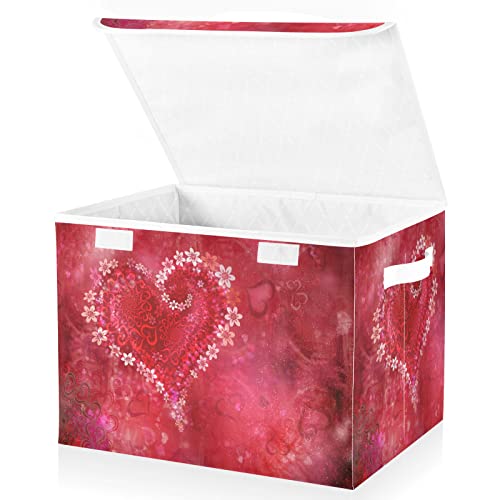 senya Valentines Storage Baskets Collapsible Storage Bins with Lids, Floral Heart Storage Boxes Clothes Baskets for Organizing