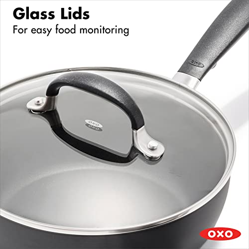Image of OXO Good Grips 1QT and 2QT Saucepan Pot Set with Lids, 3-Layered German Engineered Nonstick Coating, Stainless Steel Handles with Nonslip Silicone, Black