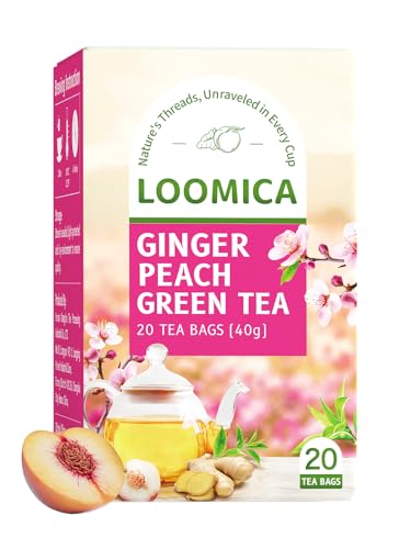 Image of LOOMICA Ginger Peach Green Tea, Caffeinated, Pastoral & Spicy Soothing Blend with Green Tea, Ginger, and Juicy Peach Flavor, Individually Wrapped Bags, 20 Counts