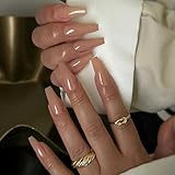 Qsnidy Ballerina Press on Nails Extra Long, Glossy Nude Fake Nails Coffin Solid Acrylic Press Ons for Women, Natural Fit Full Cover Glue on Nails in 12 Sizes - 24 Pieces Nail Kit