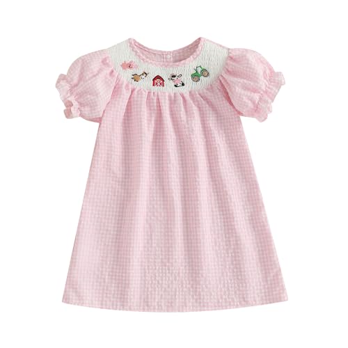 Kids Girls Summer Dress Plaid Animal Embroidery Puff Short Sleeve Smocked Princess Dress Cute Toddler Farm Clothes