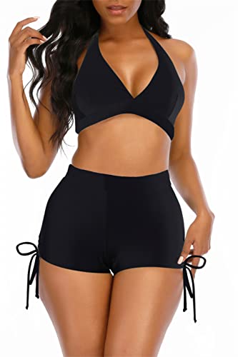 Womens High Waisted Swimsuits with Boy Shorts Brazilian Triangle Top Stripes Halter Bikini Two Piece Bathing Suits4