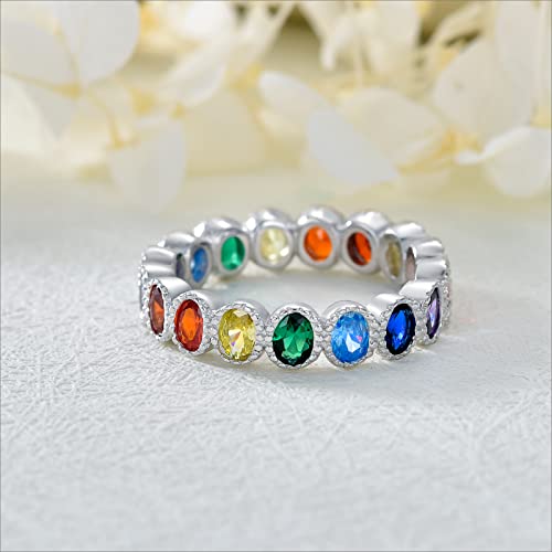 Chakra Ring 925 Sterling Silver Oval 7 Colorful Cubic Zirconia Chakra Rainbow Ring for Women Anniversary Presents4