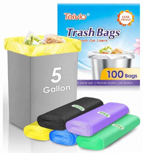 Teivio Colorful Clear Trash Bags 5 Gallon 100 Counts Garbage Bags Bathroom Trash Can Bin Liners Small Plastic Bags for home office kitchen fit 15-18 Liter 3 3.5 4.5 Gal Multicolor