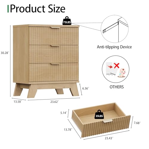 Fluted Nightstand, 24" Wide Side Table with 3 Large Storage Drawers, Mid Century Modern Wood Night Stand with Metal Handle, Wooden Bedside End Table for Bedroom, Living Room, Closet, Natural Oak - Image 2