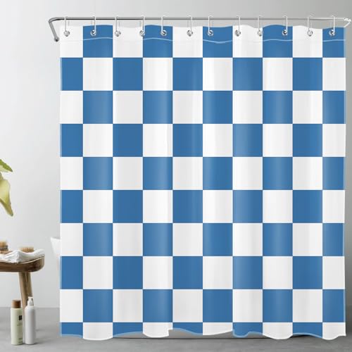 LB Marineblau weiß kariert Duschvorhang 180x200cm(BxH) Einfach geometrisch Antischimmel Wasserdicht Badezimmer Gardinen,Modernes Kariertes Kunstdekor Extra Lange Polyester Stoff Bad Vorhang mit Haken