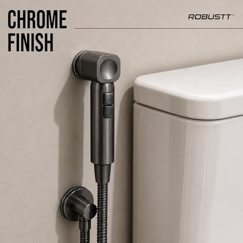 Image of Robustt Health Faucet for Toilet with Adhesive Wall Mount Holder | 2 Flow Modes | Jet Spray for Toilet with Stream & Rain Settings, Button Control, Chrome Finish Bathroom Faucet (Without Hose)-Grey