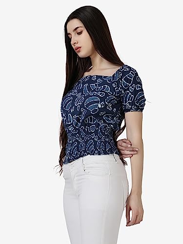 Image of POPWINGS Women Casual Bagru Print Top With Puff Sleeves and Square Neck - Stylish Trendy Smocking Summer Top