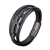 Multi-Layer Braided Leather Bracelets with Magnetic Clasp Mens Cuff Bracelets for Men Genuine Leather Bracelet Religious Leather Bracelets decorate Gift (Black, 8.3 Inches)