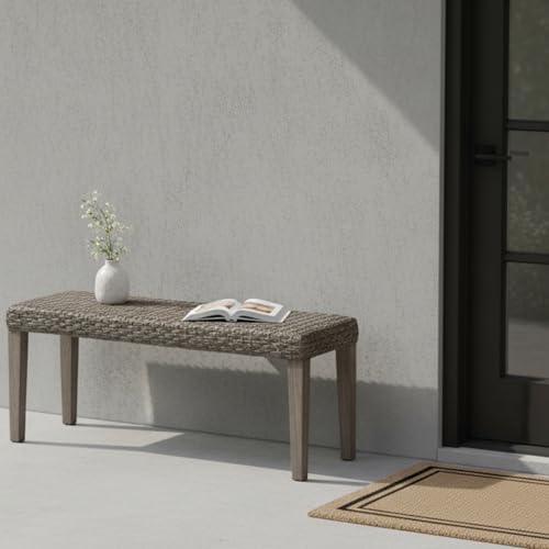 Image of Outdoor Rattan Backless Bench, All-Weather Wicker & Solid Acacia Wood, Upholstered Premium Garden Bench with Woven Rattan Seat and Thick Outdoor Cushion for Patio, Porch, Living Room or Entryway