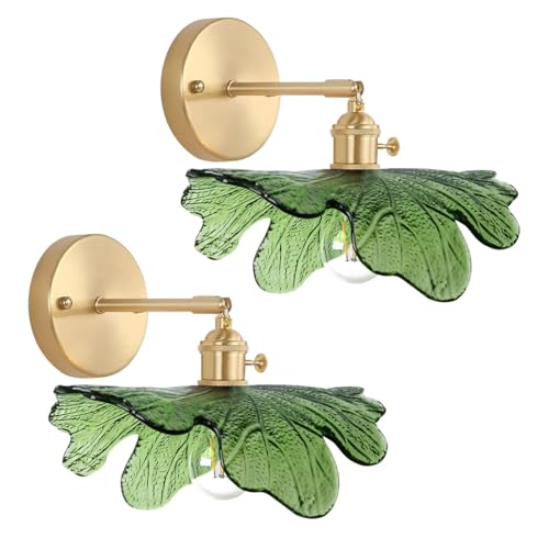Image of Bathroom Vanity Light Over Mirror Vintage Gold Brass Wall Sconce Light with Green Flower Glass Shade Hradwired Mid Century Modern Vanity Lights Fixtures for Bedside Bedroom Doorway