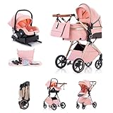 Kakbgee Cochecito 3 en 1 con Silla de Coche, Carrito bebé Plegable, Manillar 7 Alturas, Suspensión 4 Ruedas, Funda de Lluvia y Mosquitera, Sistema de Viaje para Recién Nacidos 0-3 Años (15kg), Rosa