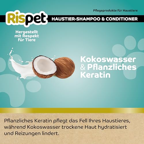 RISPET Shampoo und Spülung, Kokosnuss und Keratin, Reinigungs- und Desinfektionsmittel für Hunde und langhaarige Tiere, Zarte Formel ohne Allergene und ausgeglichener pH-Wert, Kokosnussduft, 370 ml