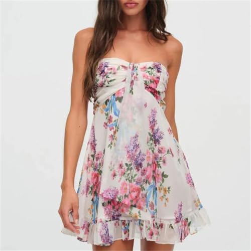 Women Sexy Hollow Out Sun Flower Print Strapless Mini Elegant Off Shoulder Mesh Slim Short Dress2