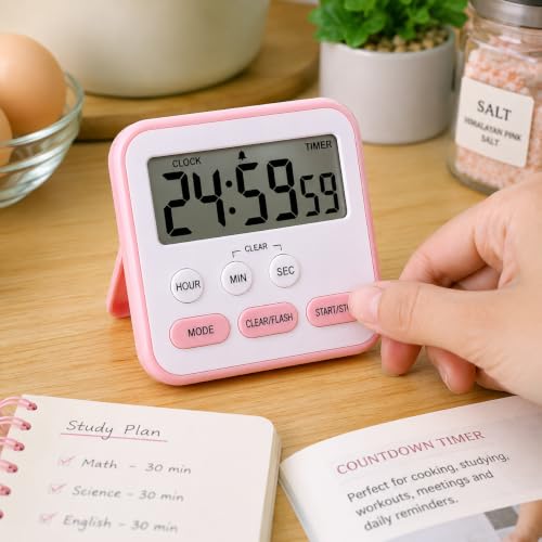 Image of LENTRAO Digital Kitchen Timer with Loud Alarm | Magnetic Back, Foldable Stand & Hanging Hook | Large LCD Countdown & Count Up Timer for Cooking, Baking, Study, Classroom, Gym & Office | Pink
