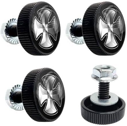 4 Black 1" Round Logo License Plate Frame Fastener Tag Bolts Iron Cross D2 Style-9856-3780