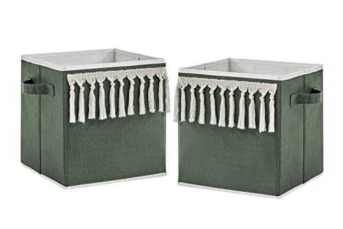 Image of Sweet Jojo Designs Dark Green Boho Chic Foldable Fabric Storage Cube Bins Boxes Organizer Baby Solid Sage Hunter Ivory Bohemian Gender Neutral Linen Tassel Modern Farmhouse Designer Minimalist Set 2
