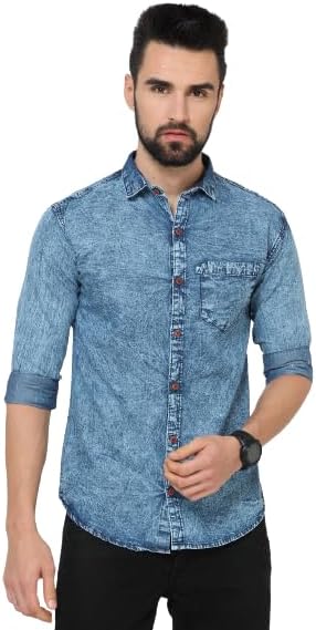ALLWIN PAULMen's Heavy Washed Blue Collar Denim Shirt - Stylish Casual Wear|P|