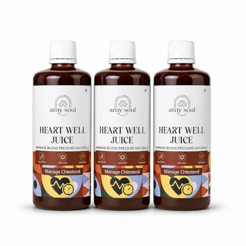Image of Amysoul Heart Well Juice Ayurvedic Heart Health Supplement pack of 3 (1500ml) with Arjuna Garlic Ashwagandha Amla & Hibiscus | Supports Cardiovascular Wellness, Healthy Blood Pressure, Cholesterol & Circulation | Herbal Heart