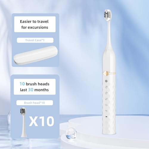 Image of Seapeoa Sonic Electric Toothbrush Set, Equipped with 10 Brush Heads and Travel case, IPX8 Waterproof, 2-Minute Timer, 42000 High-Frequency Vibrations, 5 Modes, The First Choice for Gift Giving, Whtie