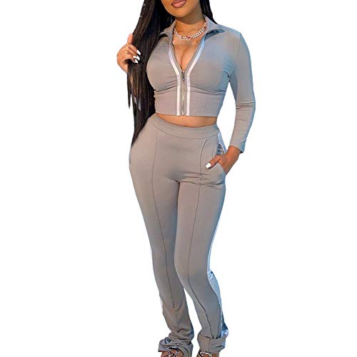 Women 2 Piece Outfits Sexy Sweatsuit Long Sleeve Coat Jacket Bodycon Skinny Flared Pants Tracksuit Jogging Set,Grey,Medium