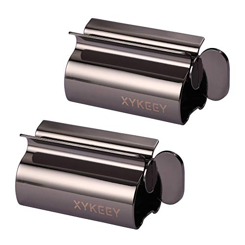 XYKEEY Toothpaste Tube Squeezer - Set of 2 Toothpaste Squeezer Rollers, Metal Toothpaste Tube Wringer Seat Holder Stand (Black)