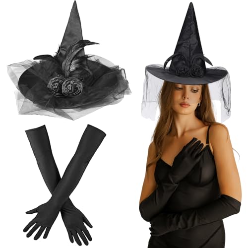 AYSOW Halloween Hexenhut und Lange Handschuhe Set,Schwarz hexenhüte Kostüm Zubehör-Faltbarer Hexenhut mit Federn & 50cm Stretchhandschuhe