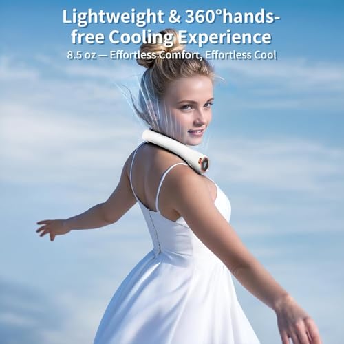 Image of Portable Neck Fan with 6000mAh USB - Rechargeable Battery, Ultra-Light Bladeless Neck Fan LED Display, 360 Cooling Wearable Fan, 3 Speeds-White
