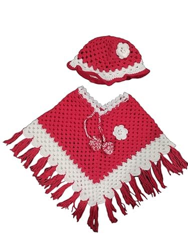 Handknitted Red and white woolen poncho and cap for kids between 3 and 4 years || winterwear-image-31