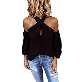 Minetom Damen Oberteile Elegant Bluse Damen Sexy Schulterfrei Neckholder Langarmshirt Casual T-Shirt Schwarz 46