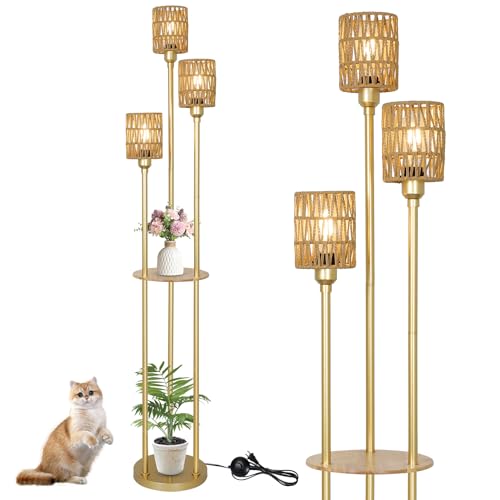 Rayofly Lampadaire Or Salon à 3 Flammes Avec Étagère, Abat-jour en Rotin & Interrupteur à Pied - Moderne Boho Pour Chambre, Bureau, Salon
