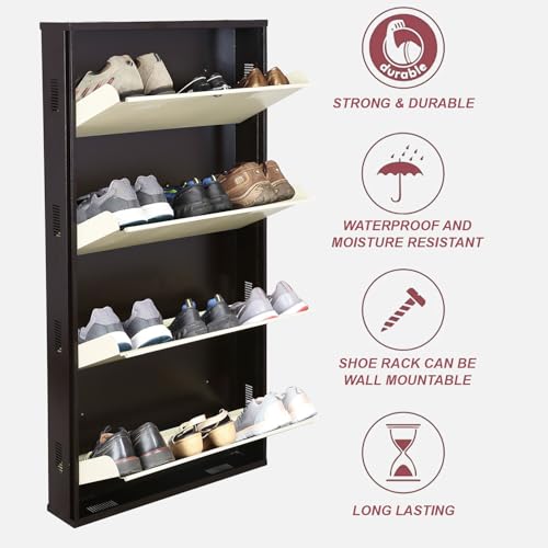 Image of Metal Shoe Rack Wall Mounted for Home with Central Locking 4 Door 28 inch Wall Mounted Metal 12 Pair Rack Cabinet Pre-Assembled Rack Shelves 3 Year Warranty (Brown & Ivory)